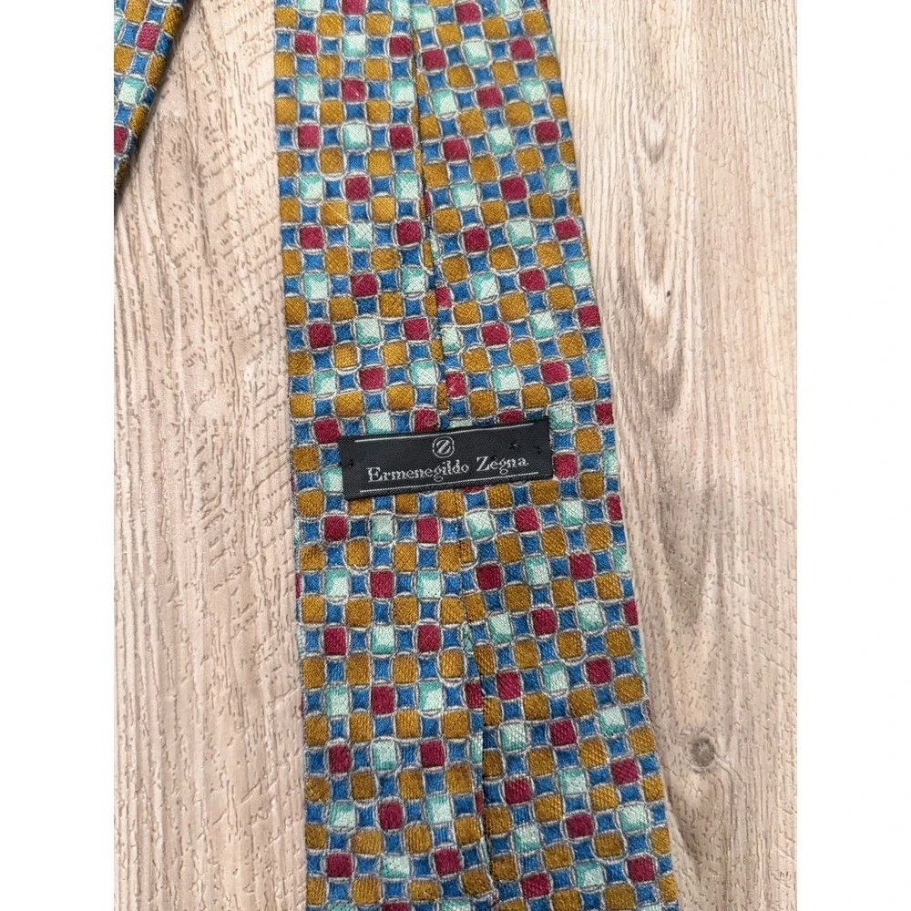 Ermenegildo Zegna Mens Silk Tie Geometric Mosaic Gold Burgundy Teal Italy 57 in